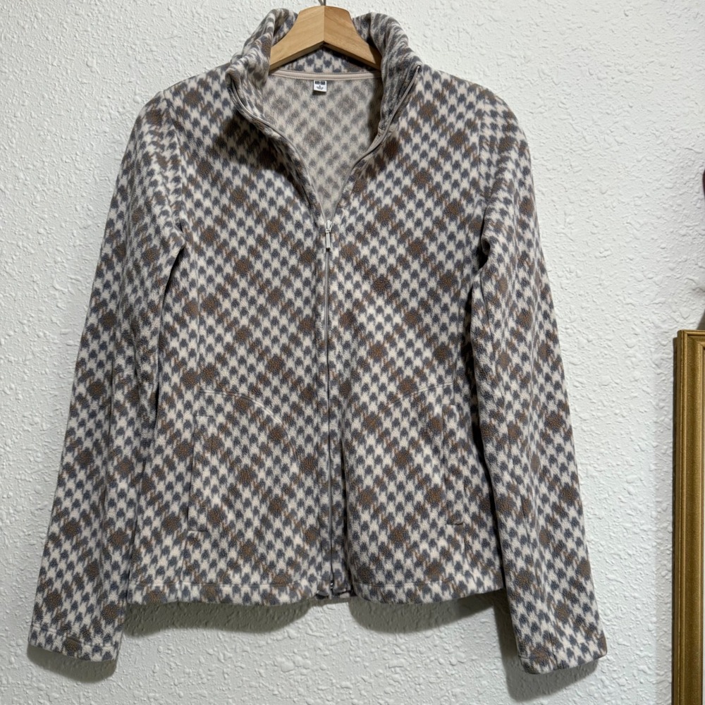 Uniqlo women's Houndstooth Fleece Full Zip Jacket‎ Coat Pockets Winter Warm